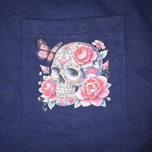 NEW! Floral Butterfly Tattoo'd Skull Casual Crew Neck Pocket 100% Cotton T-Shirt